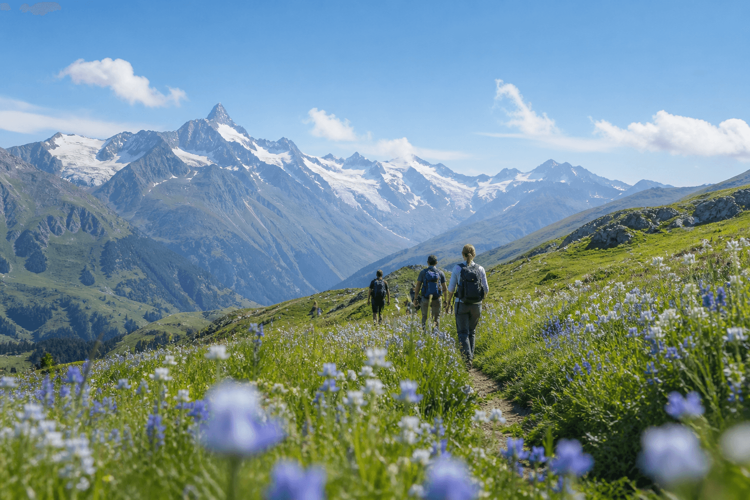 Hikers walking through an alpine meadow beneath snowy peaks