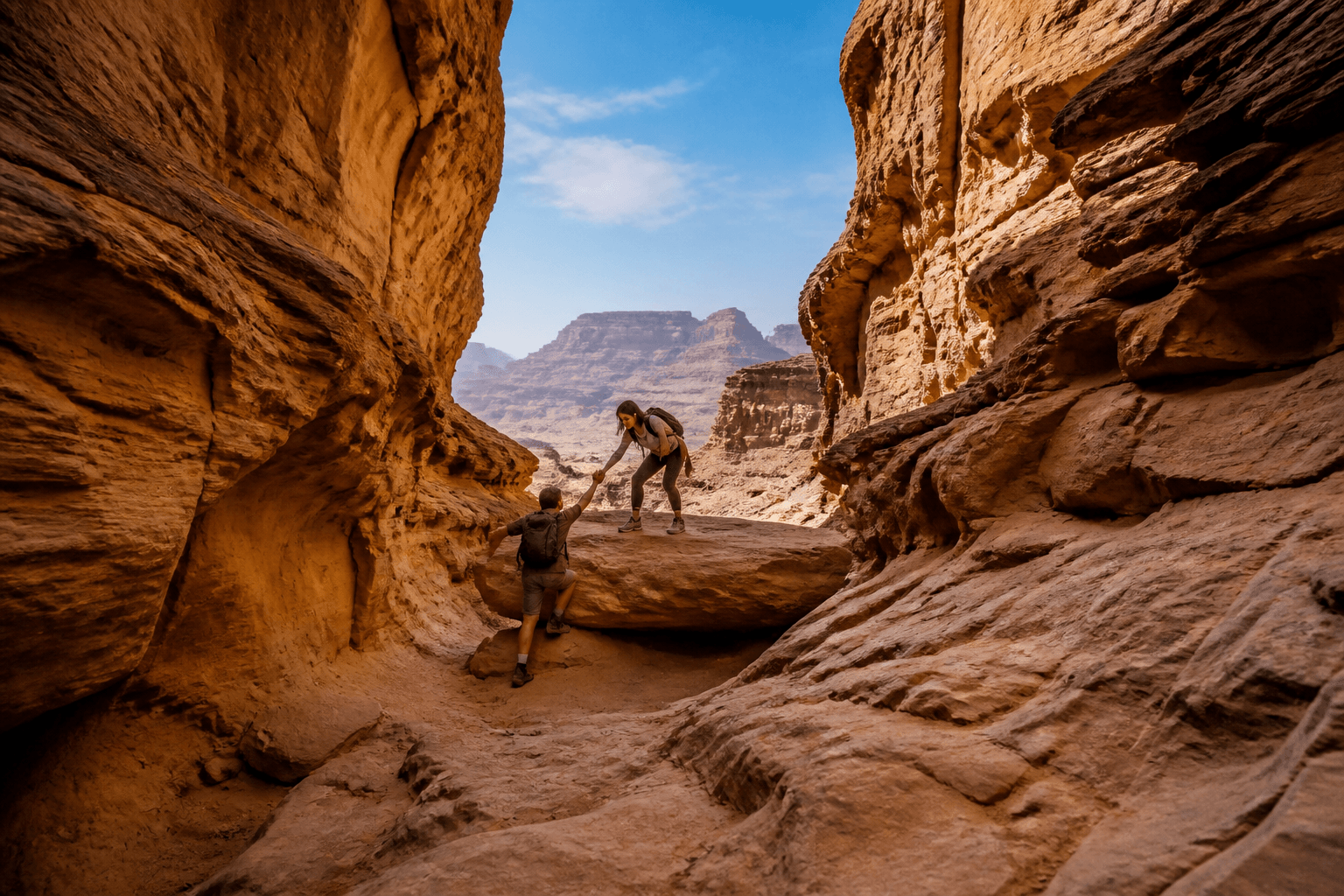 Travelers helping each other through a red-rock canyon