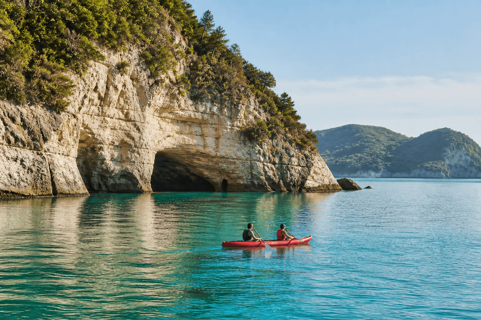 Travelers paddling a red kayak beside a limestone coast