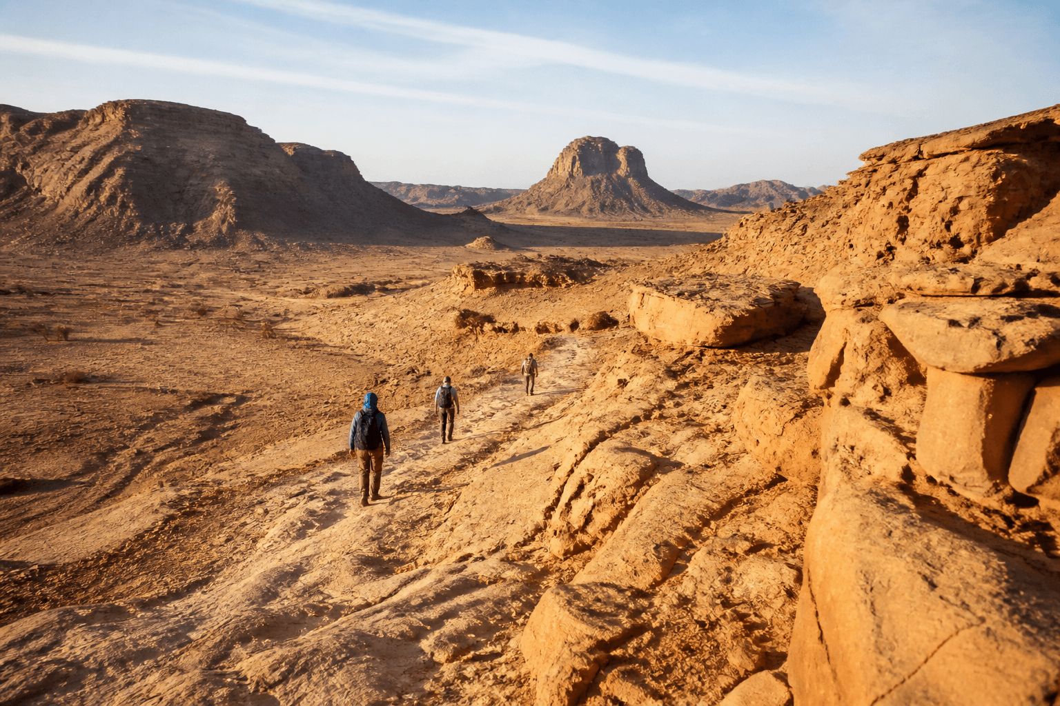 Hikers walking through a sunlit sandstone desert