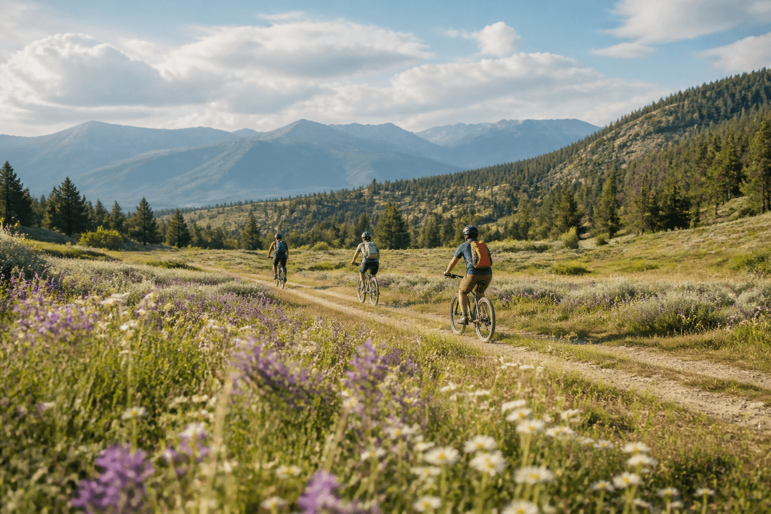Cyclists following a trail through a wildflower meadow