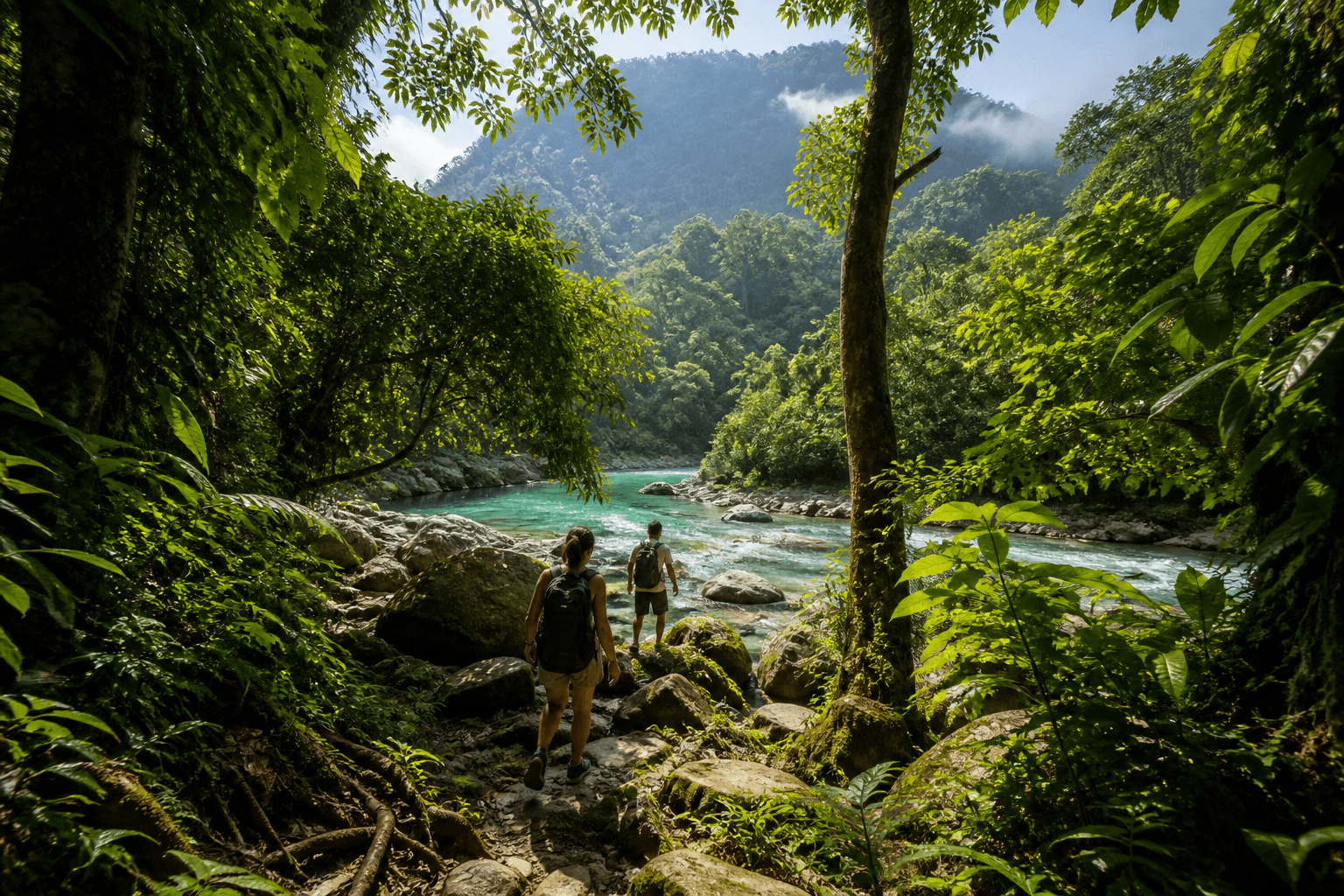Travelers crossing a clear river in a tropical rainforest