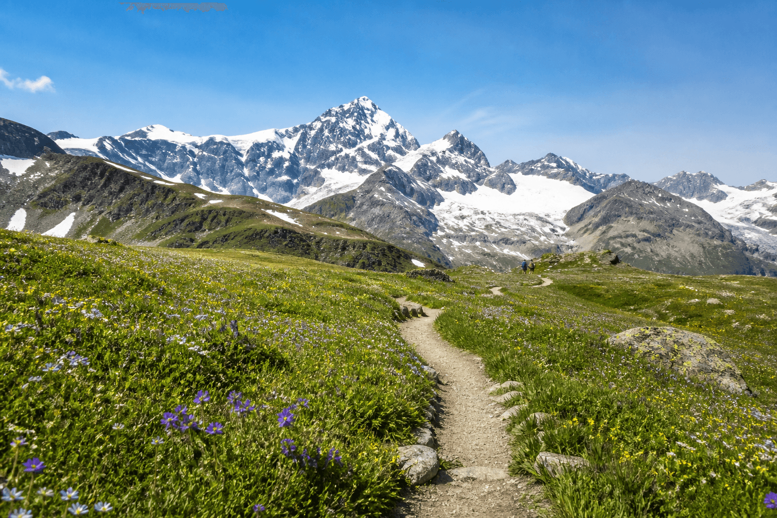 Travelers following a sunlit trail through the Dolomites